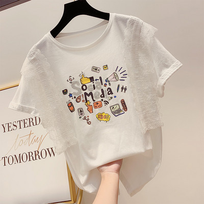 Tricou casual dama cu imprimeu color si dantela in mai multe culori