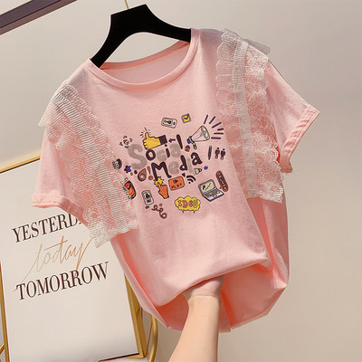 Tricou casual dama cu imprimeu color si dantela in mai multe culori