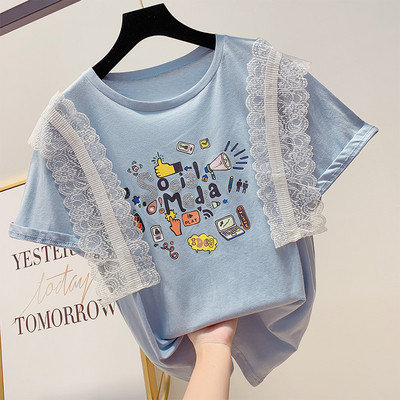 Tricou casual dama cu imprimeu color si dantela in mai multe culori