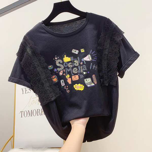 Tricou casual dama cu imprimeu color si dantela in mai multe culori