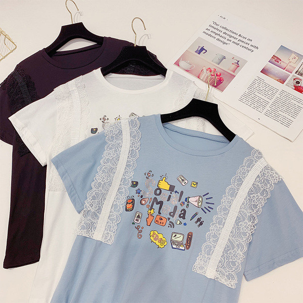 Tricou casual dama cu imprimeu color si dantela in mai multe culori