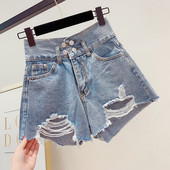 Модерни дамски къси дънки с висока талия и скъсани мотиви