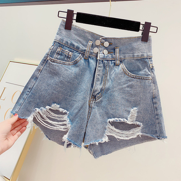 Модерни дамски къси дънки с висока талия и скъсани мотиви