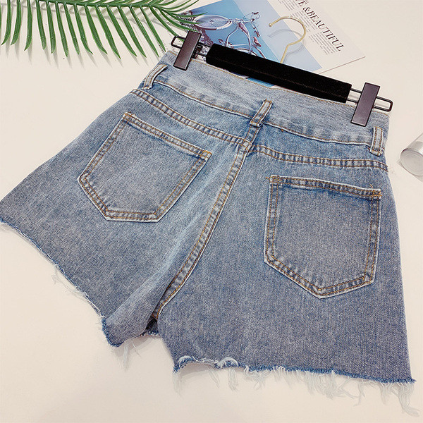 Модерни дамски къси дънки с висока талия и скъсани мотиви