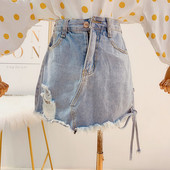 Μοντέρνα γυναικεία φούστα denim με υψηλή μέση και με κορδόνια