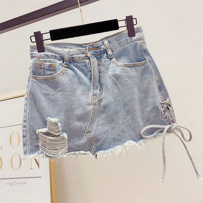 Μοντέρνα γυναικεία φούστα denim με υψηλή μέση και με κορδόνια