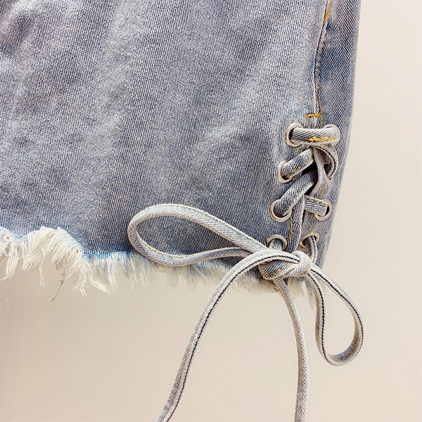 Μοντέρνα γυναικεία  φούστα denim  με υψηλή μέση και  με κορδόνια