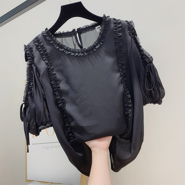 Bluză de damă modernă cu decolteu O, umeri goi și mâneci scurte