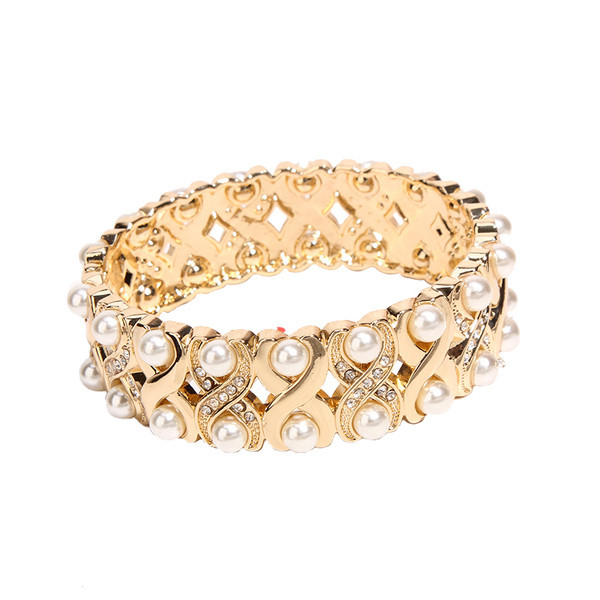 Bratara de dama de culoare aurie cu perle si pietre