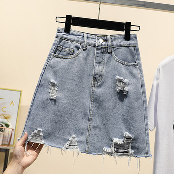 Μοντέρνα γυναικεία φούστα denim με υψηλή μέση και σχισμένα μοτίβα