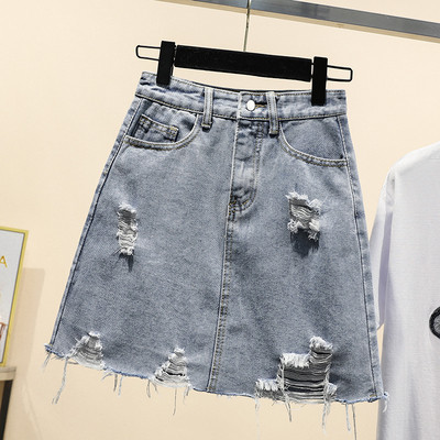 Μοντέρνα γυναικεία φούστα denim με υψηλή μέση και σχισμένα μοτίβα