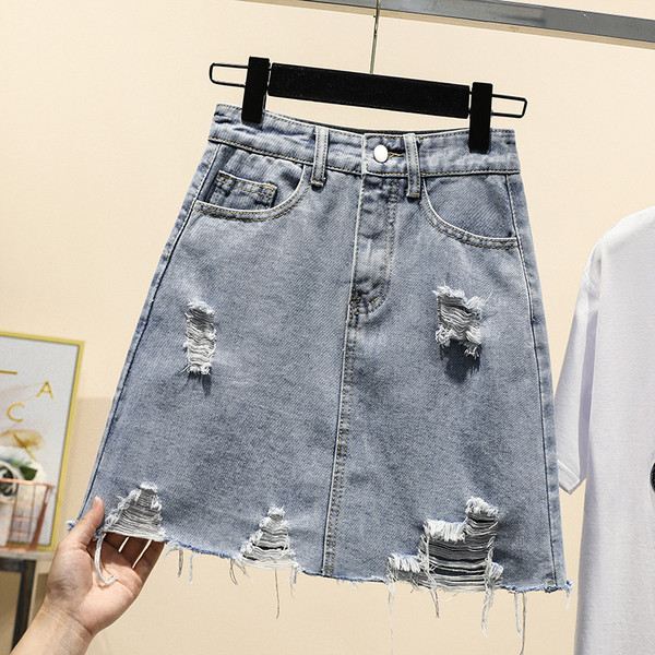 Μοντέρνα γυναικεία φούστα denim με υψηλή μέση και σχισμένα μοτίβα