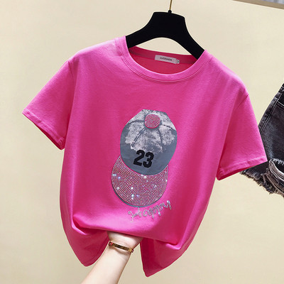 Καθημερινή γυναικεία μπλούζα με πέτρες και λαιμόκοψη σε λευκό και ροζ χρώμα