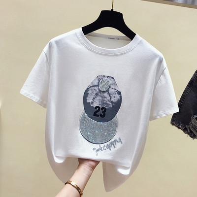 Καθημερινή γυναικεία μπλούζα με πέτρες και λαιμόκοψη σε λευκό και ροζ χρώμα