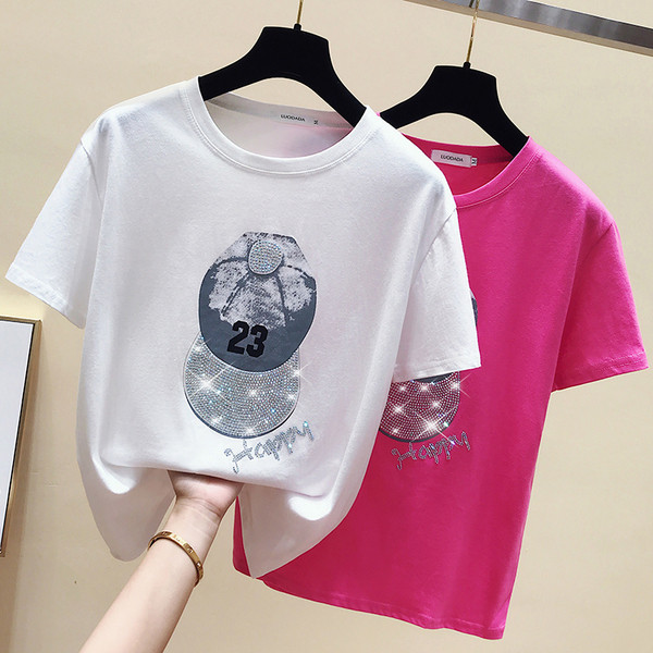 Καθημερινή γυναικεία μπλούζα με πέτρες και λαιμόκοψη σε λευκό και ροζ χρώμα