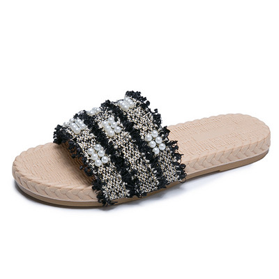 Γυναικείες  παντόφλες σε δύο χρώματα και διακοσμητικά μαργαριτάρια