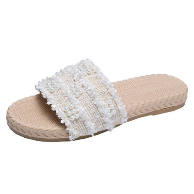 Γυναικείες  παντόφλες σε δύο χρώματα και διακοσμητικά μαργαριτάρια