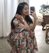 Γυναικέιο μακρύ φόρεμα λουλουδιών με V-σχήμα λαιμό κοντό μανίκι