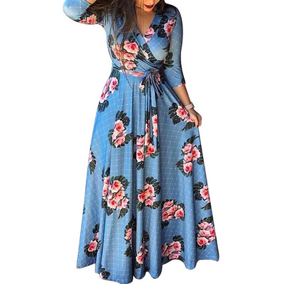 Rochie casual de dama cu decolteu in V si motiv floral in albastru