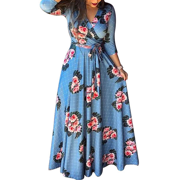 Rochie casual de dama cu decolteu in V si motiv floral in albastru