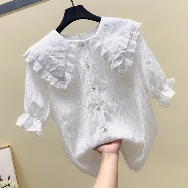 Cămașă elegantă de damă, cu mâneci scurte și decolteu O, în alb