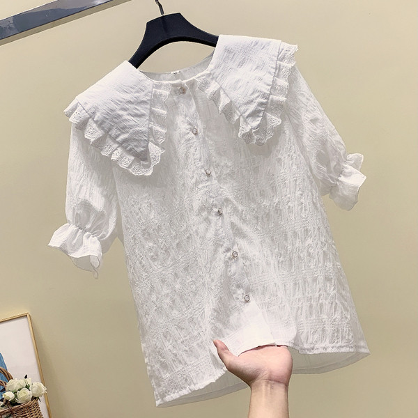 Cămașă elegantă de damă, cu mâneci scurte și decolteu O, în alb