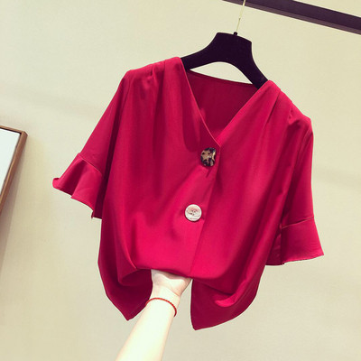 Cămașă elegantă de damă cu decolteu în V și nasturi în două culori