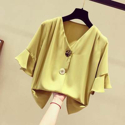 Cămașă elegantă de damă cu decolteu în V și nasturi în două culori