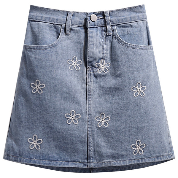 Alkalmi női farmerszoknya kék hímzéssel
