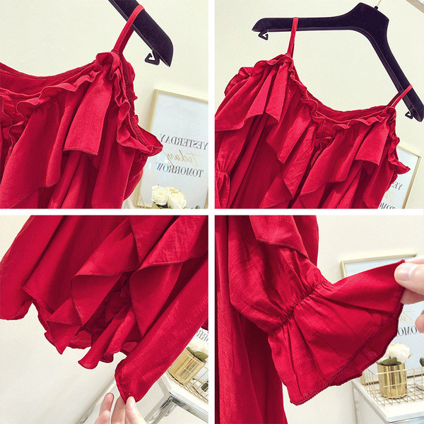 Κομψή γυναικεία μπλούζα με 3/4 μανίκια και λεπτά τιραντάκια σε λευκό και κόκκινο χρώμα