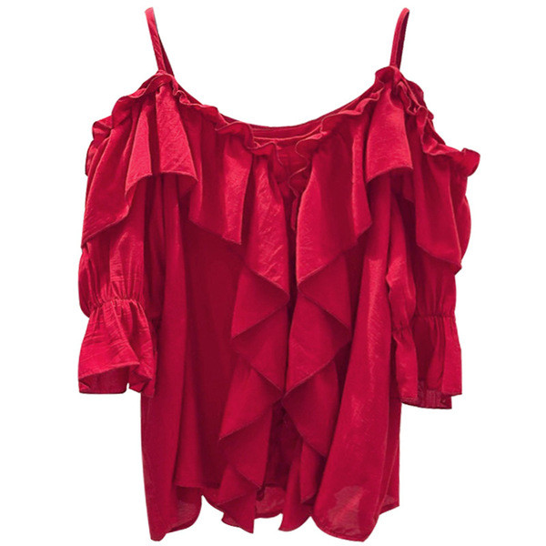 Κομψή γυναικεία μπλούζα με 3/4 μανίκια και λεπτά τιραντάκια σε λευκό και κόκκινο χρώμα