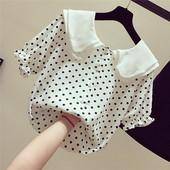 Cămașă elegantă de damă, cu mâneci scurte și decolteu O, în alb și negru