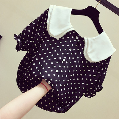 Cămașă elegantă de damă, cu mâneci scurte și decolteu O, în alb și negru