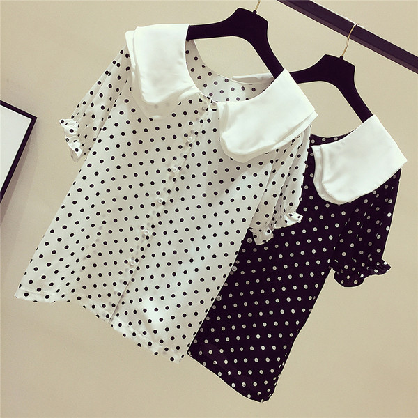 Cămașă elegantă de damă, cu mâneci scurte și decolteu O, în alb și negru