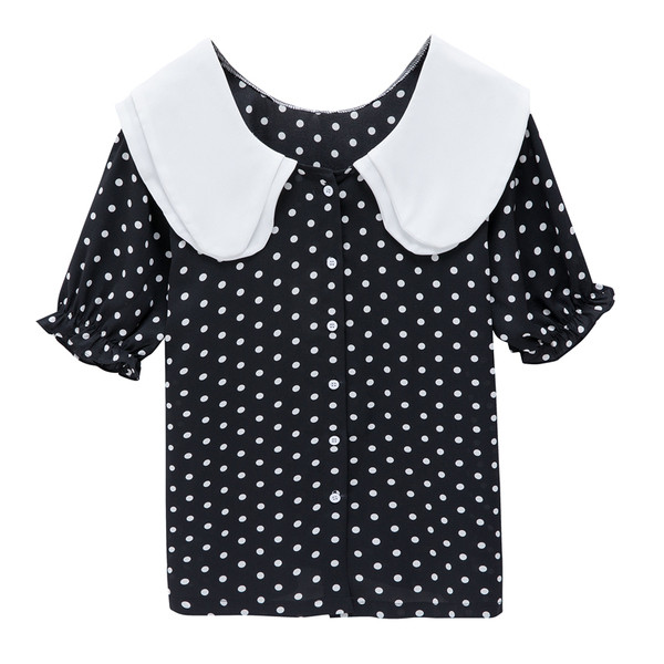 Cămașă elegantă de damă, cu mâneci scurte și decolteu O, în alb și negru