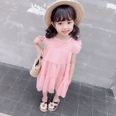 Rochie pentru copii roz si alb cu decolteu O