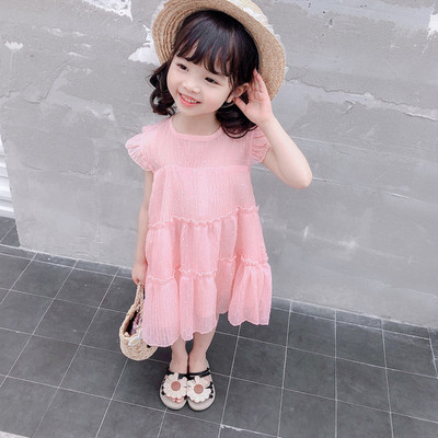 Детска рокля в розов и бял цвят с О-образно деколте