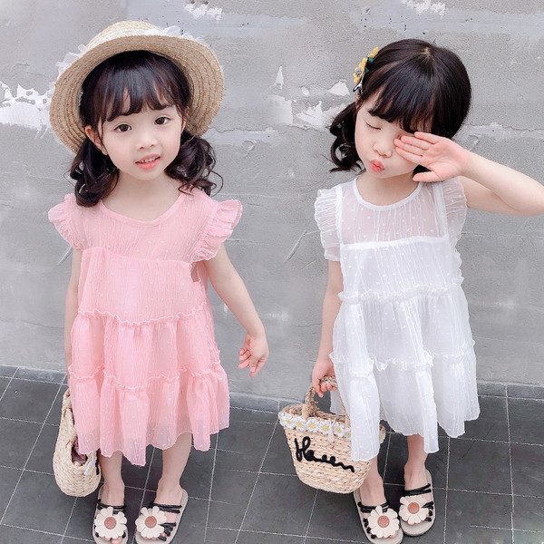 Rochie pentru copii roz si alb cu decolteu O