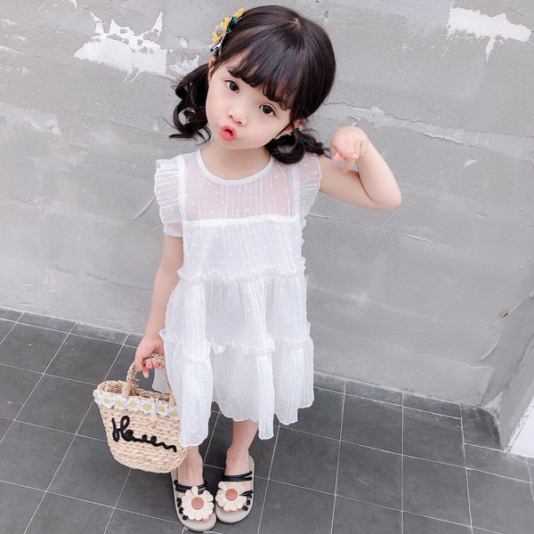 Rochie pentru copii roz si alb cu decolteu O