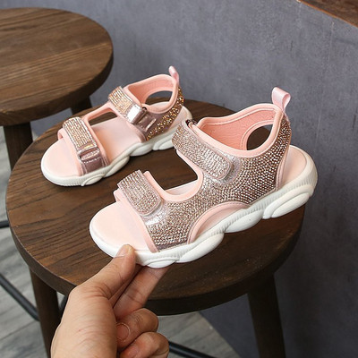 Sandale casual pentru copii cu pietre și autocolante roz și negru pentru fete