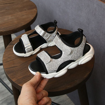 Sandale casual pentru copii cu pietre și autocolante roz și negru pentru fete