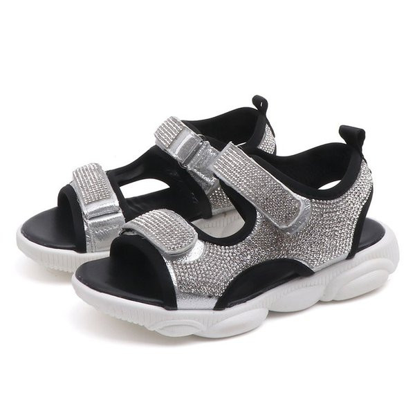 Sandale casual pentru copii cu pietre și autocolante roz și negru pentru fete