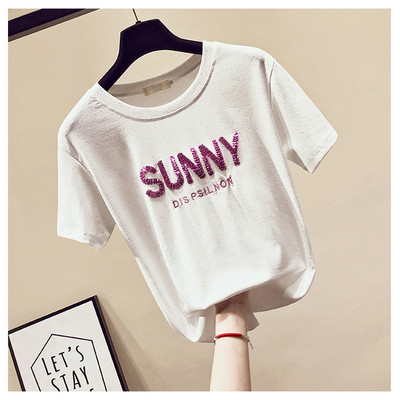 Tricou casual dama cu maneci scurte si paiete in trei culori