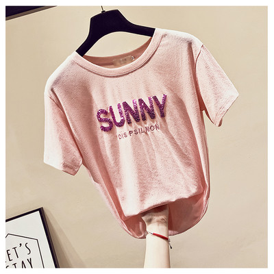 Tricou casual dama cu maneci scurte si paiete in trei culori