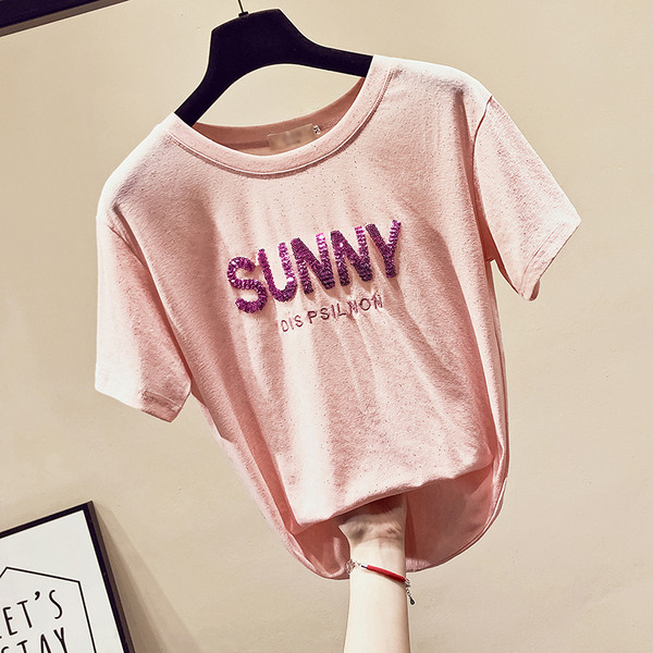 Tricou casual dama cu maneci scurte si paiete in trei culori