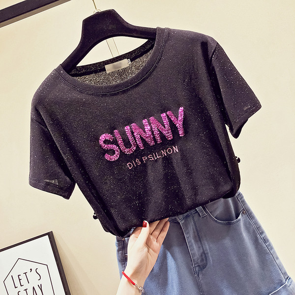 Tricou casual dama cu maneci scurte si paiete in trei culori