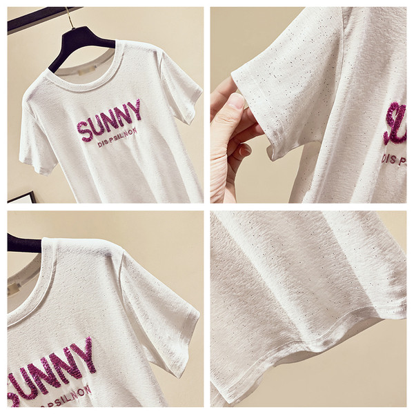 Tricou casual dama cu maneci scurte si paiete in trei culori