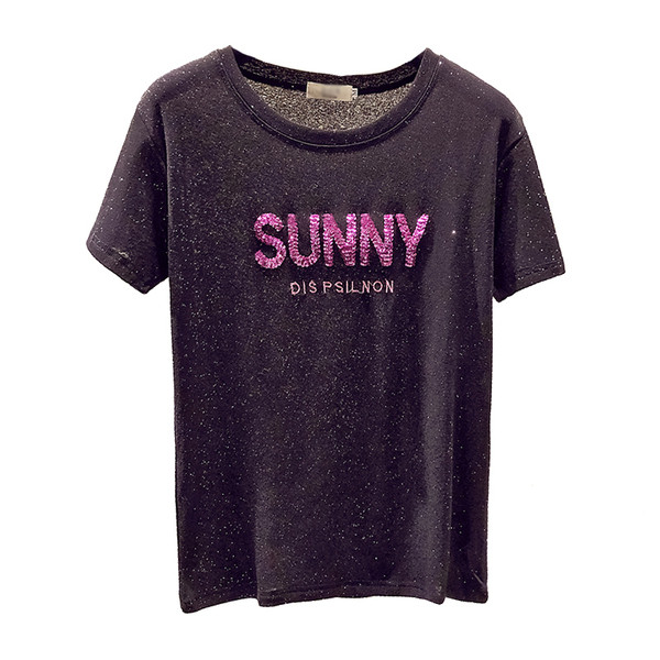 Tricou casual dama cu maneci scurte si paiete in trei culori