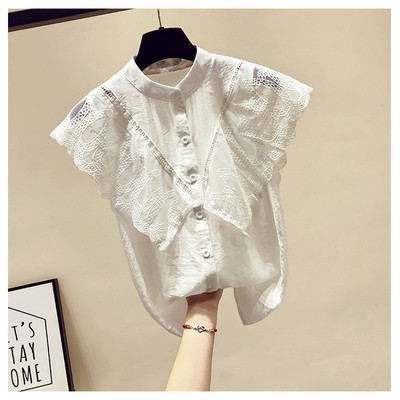 Cămașă modernă de damă cu mâneci din dantelă și nasturi în albastru și alb