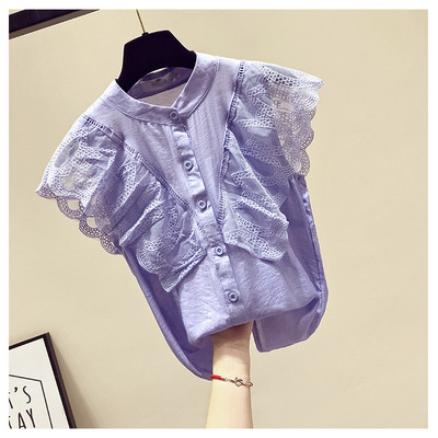 Cămașă modernă de damă cu mâneci din dantelă și nasturi în albastru și alb